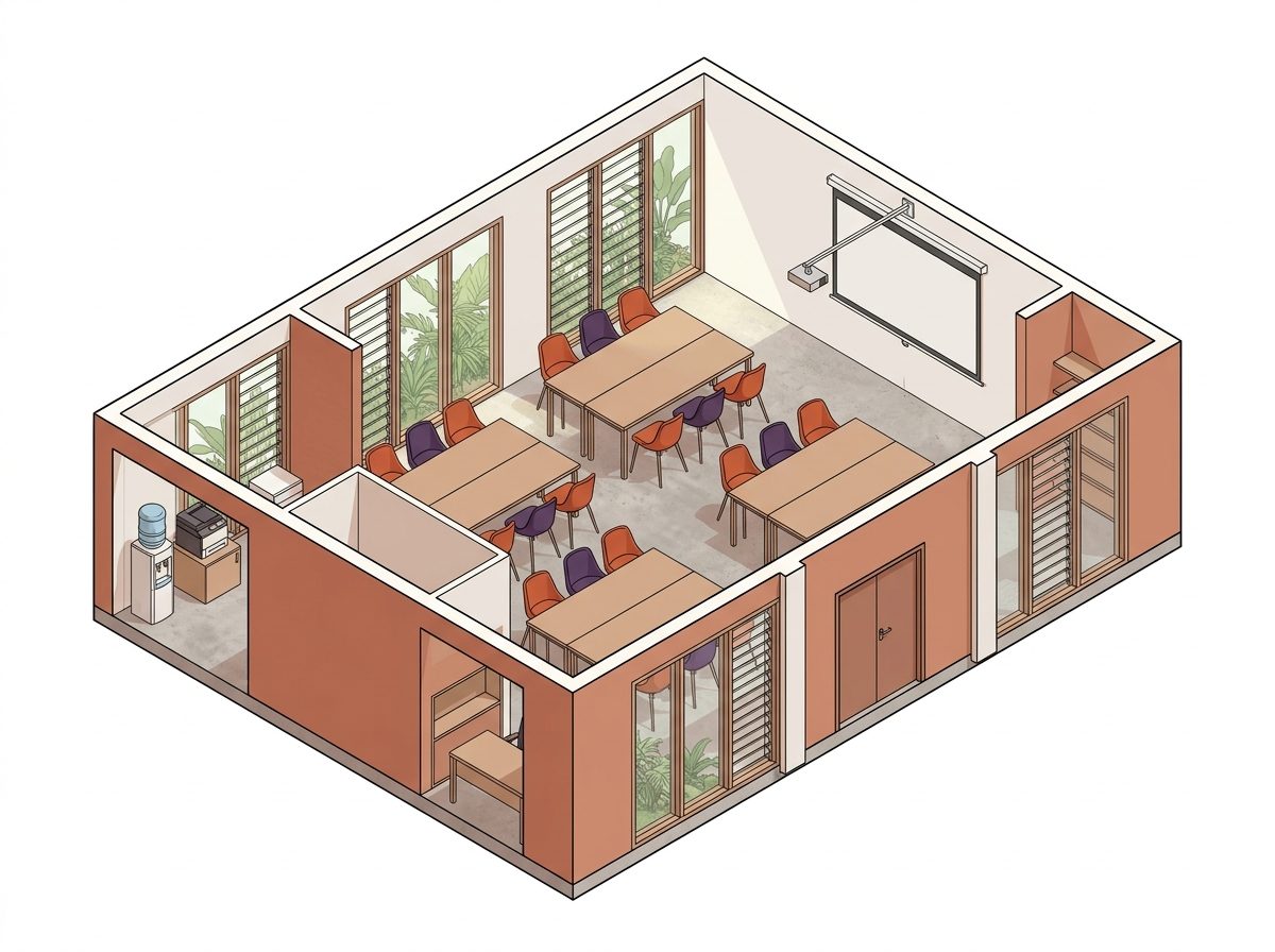 Plan axonométrique du centre : la salle de formation, l'écran de projection, le coin impression et le distributeur d'eau, un bureau d'accompagnement.