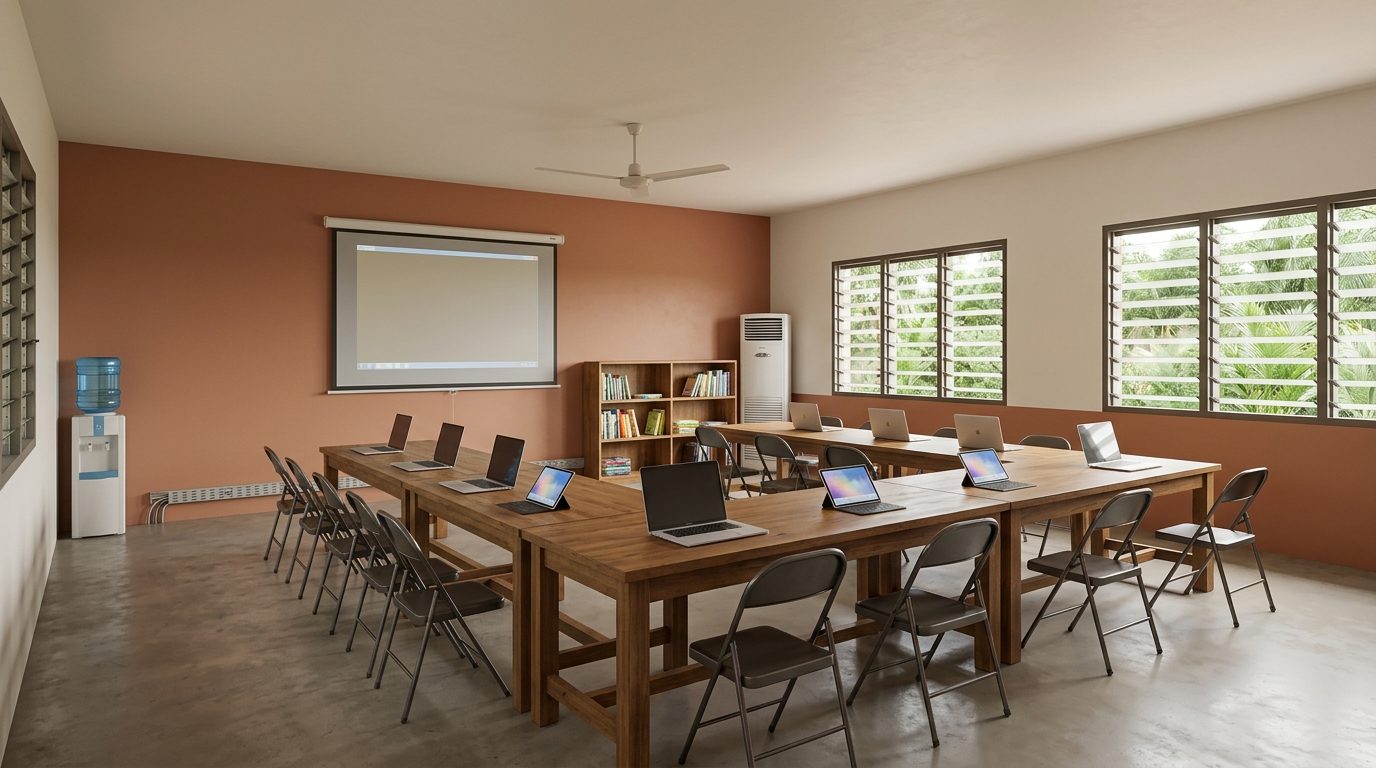 Vue projetée de la salle principale du centre : cinq tables, trente chaises, un écran de projection, des ordinateurs portables et des tablettes.