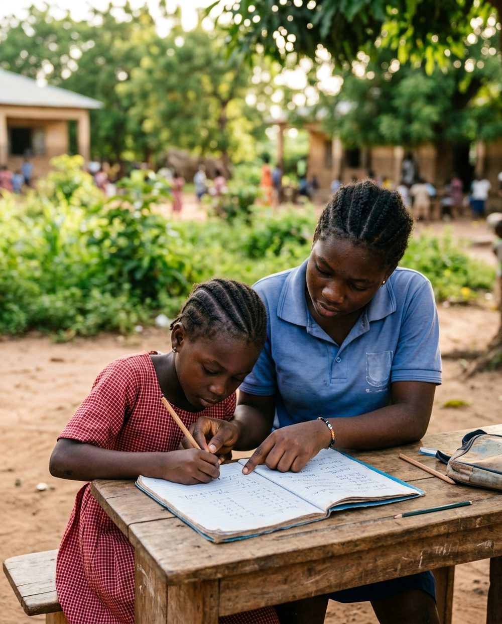 A pupil being helped with her homework by an older student, in a school yard